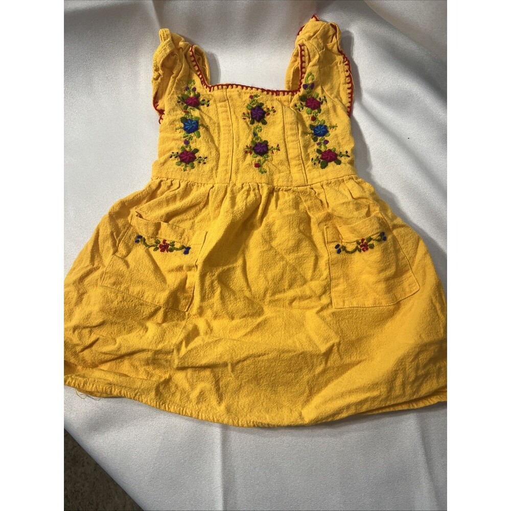 Unbranded Embroidered Floral Dress Toddler Yellow Boho Ruffle Sleeve Pocket